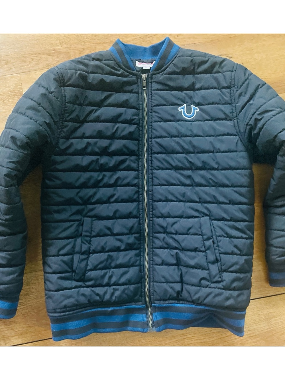 True religion boys black quilted bomber blue trim size large